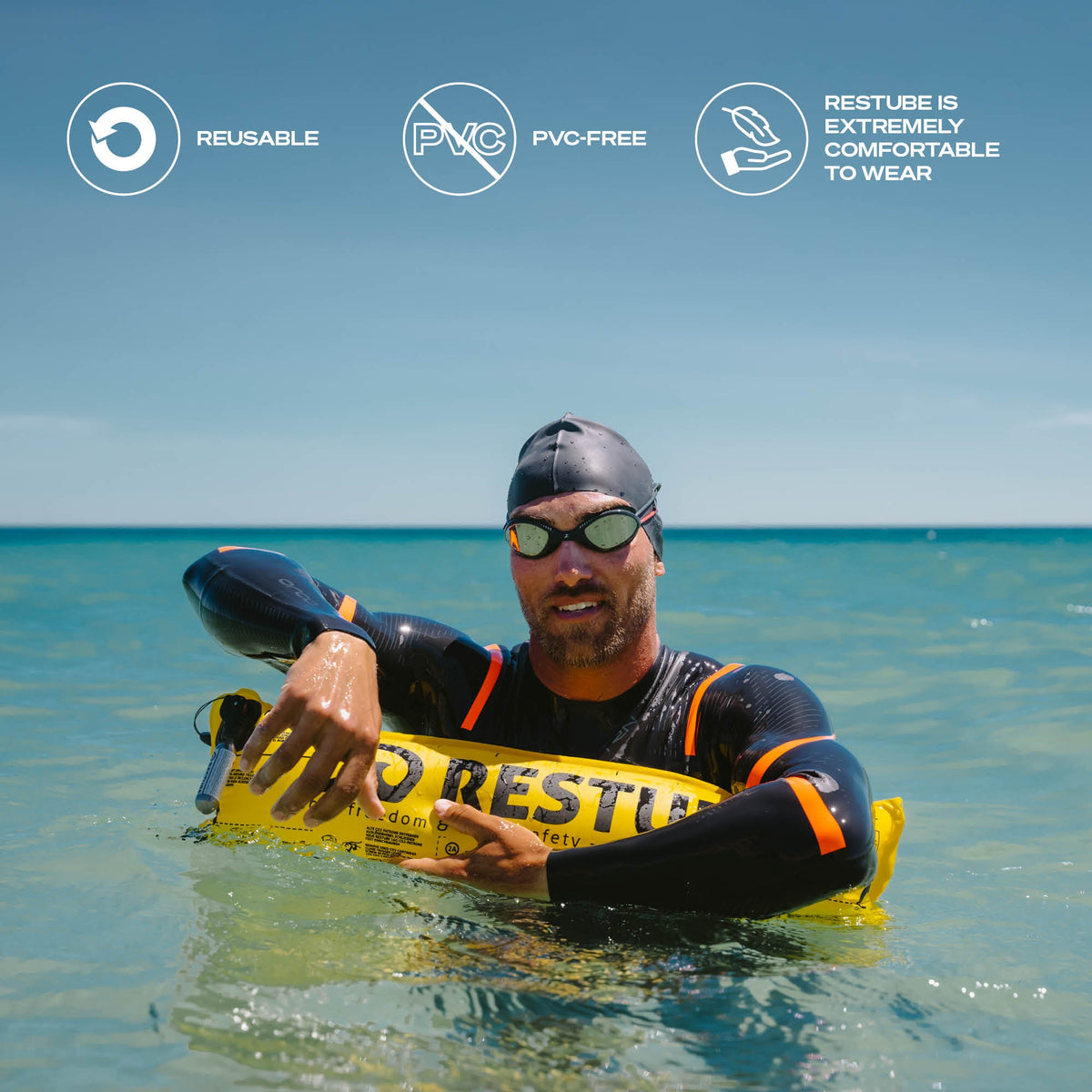 RESTUBE ACTIVE product shot angle 2 - compact belt safety buoy for swimmers triathletes Philippines
