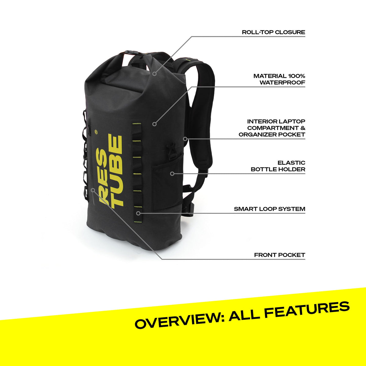 RESTUBE COAST 25L feature overview - roll-top waterproof laptop compartment organizer pocket bottle holder Smart Loop Philippines
