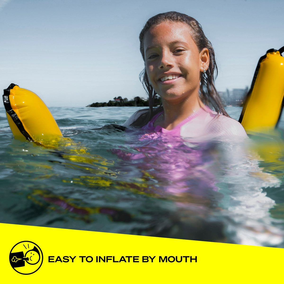 RESTUBE POOL NOODLE product shot angle 5 – inflatable swim noodle rolled up for travel
