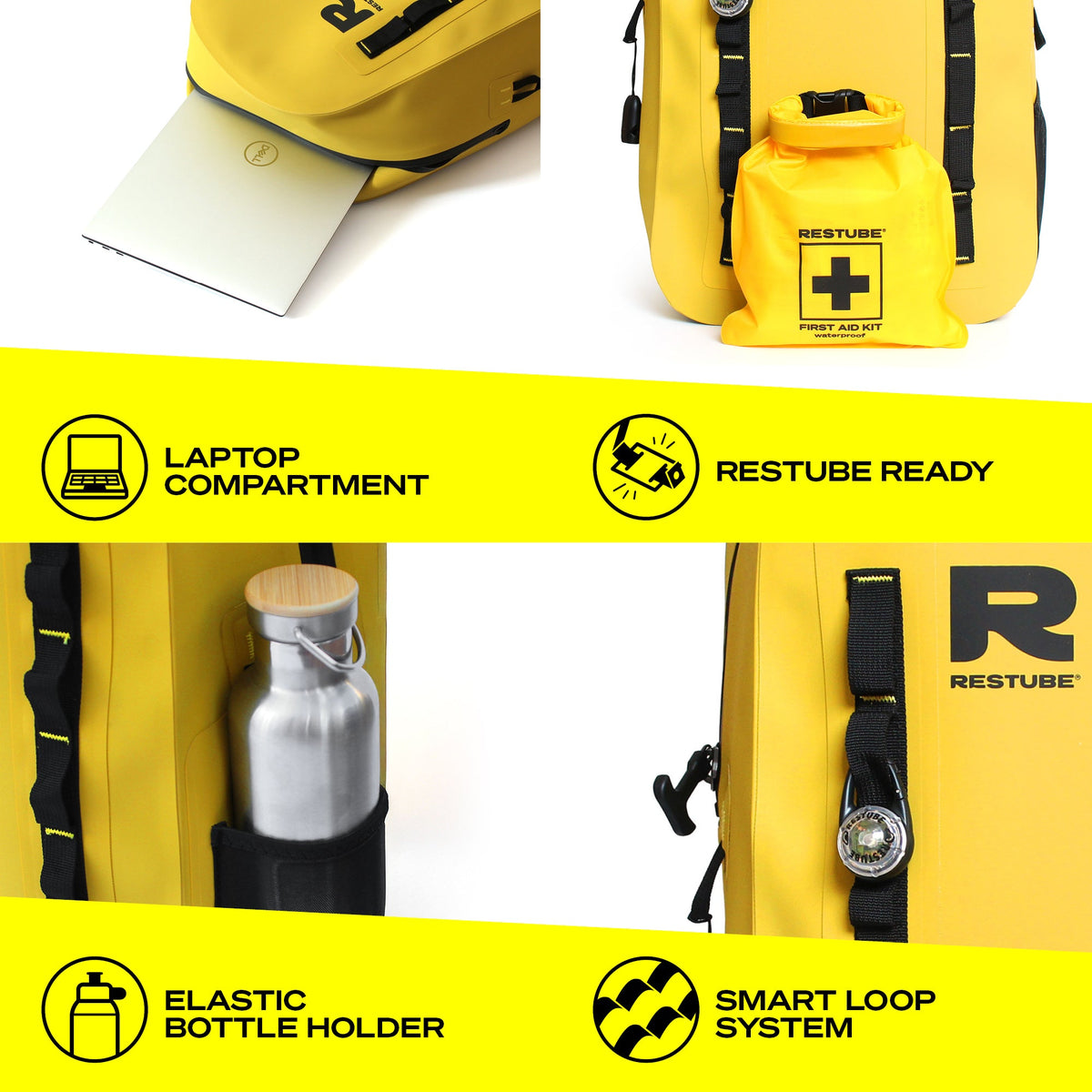 RESTUBE OCEAN 28L feature overview laptop compartment RESTUBE Ready attachment elastic bottle holder Smart Loop System Philippines