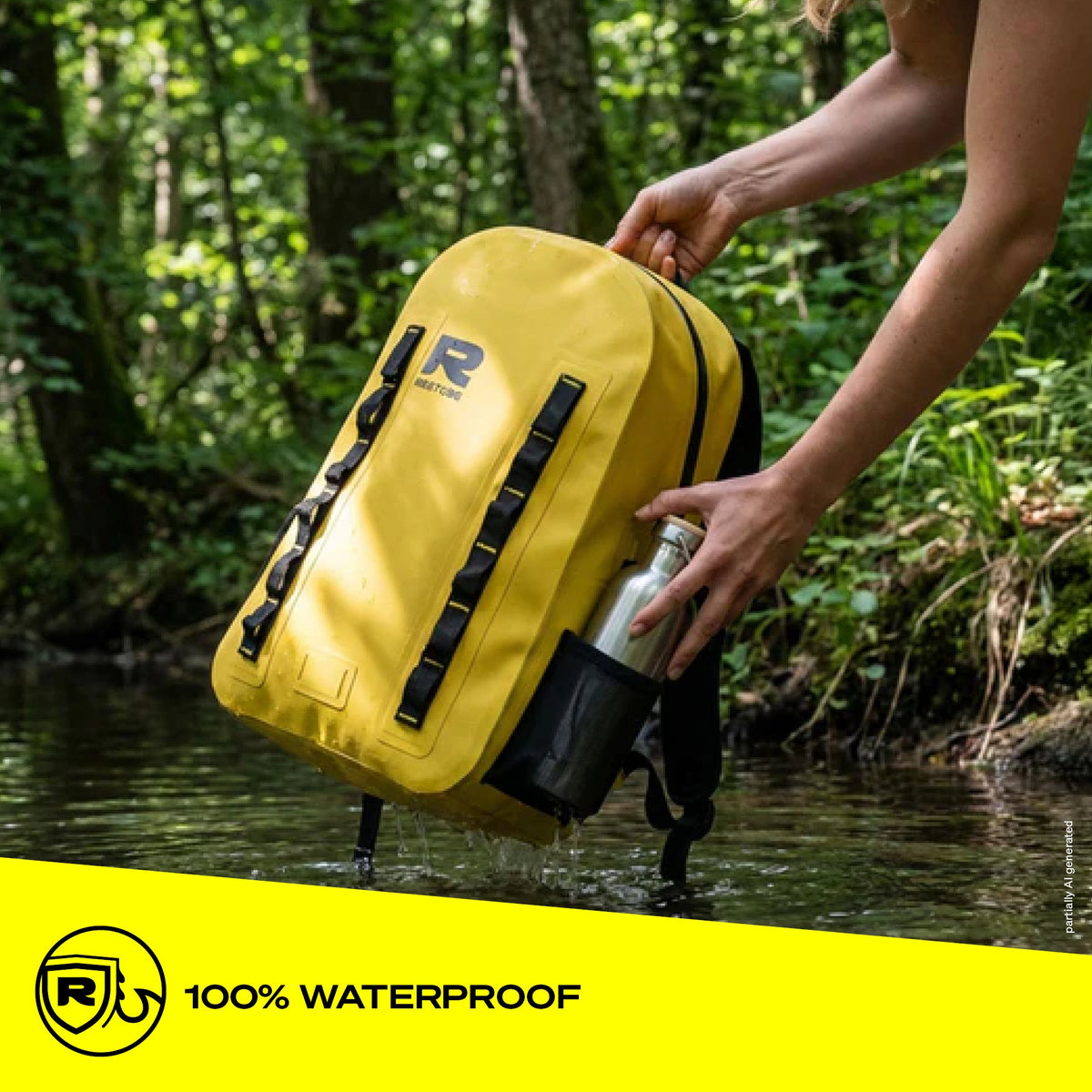 Hands lifting RESTUBE OCEAN 28L yellow backpack out of a forest stream - 100% waterproof construction Philippines