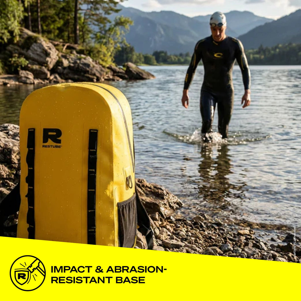 RESTUBE OCEAN 28L yellow backpack on rocky shoreline with open water swimmer in mountain lake - impact resistant base Philippines