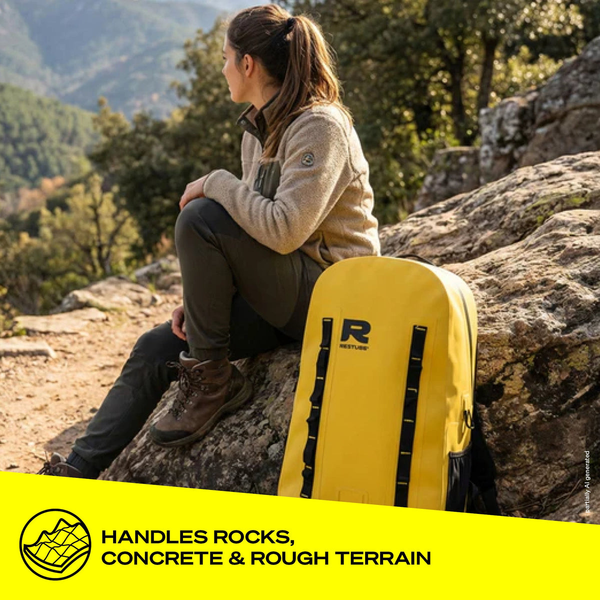 Woman sitting on rocky mountain overlook with RESTUBE OCEAN 28L yellow backpack showing durability on rough terrain Philippines