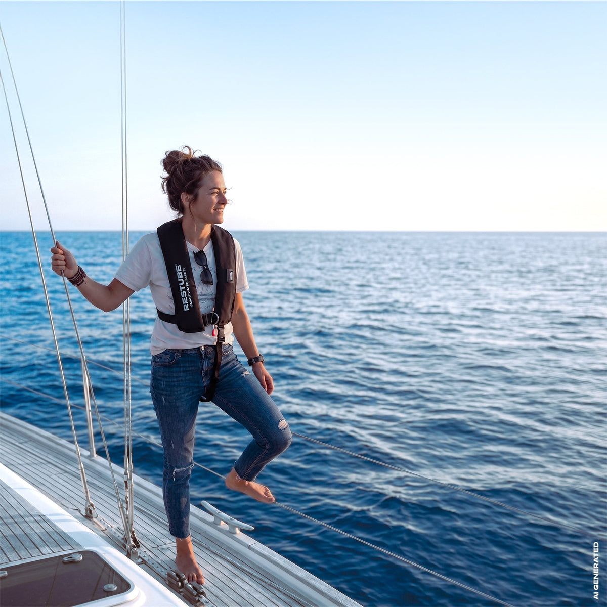 Woman on sailboat wearing RESTUBE Lifejacket SAIL black smiling on open ocean for offshore safety Philippines