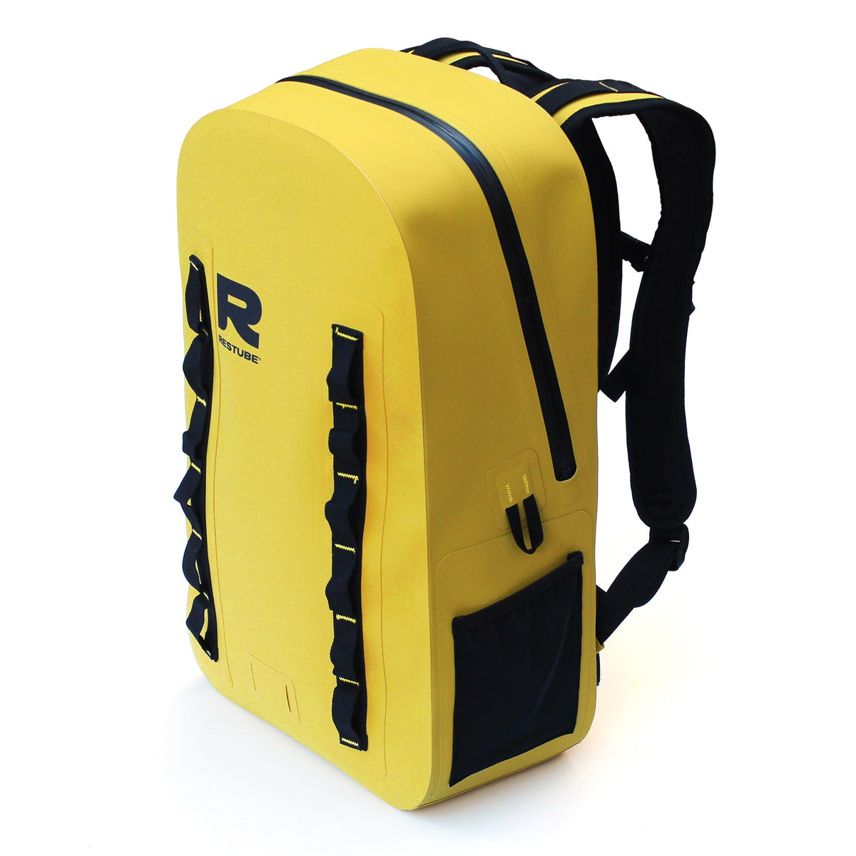 RESTUBE OCEAN 28L yellow waterproof backpack 3/4 perspective view with Smart Loop System and ergonomic shoulder straps Philippines