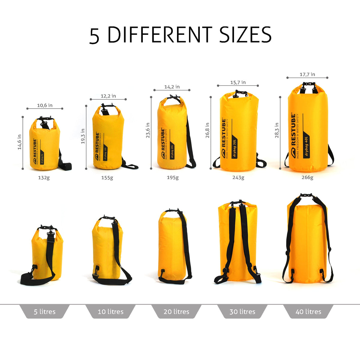 RESTUBE DRYBAG size comparison 2024 - all 5 sizes 5L 10L 20L 30L 40L comparison chart Philippines