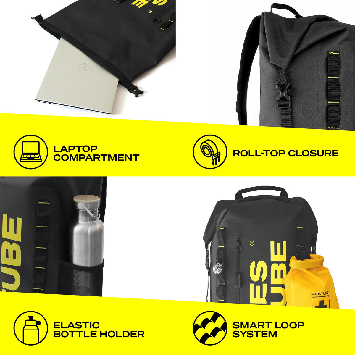 RESTUBE COAST 25L features laptop compartment roll-top closure elastic bottle holder Smart Loop System Philippines