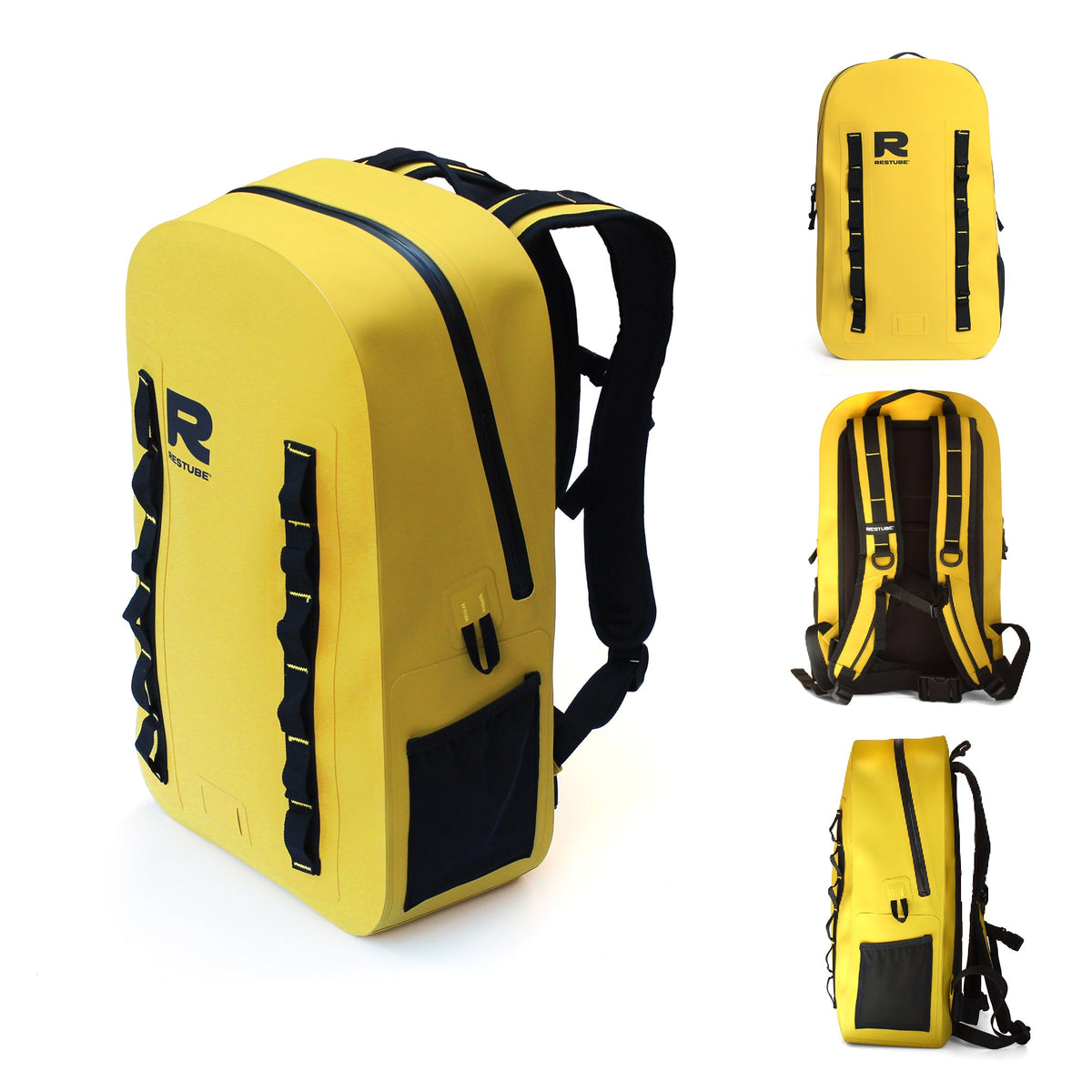 RESTUBE OCEAN 28L yellow waterproof dry bag backpack shown from four angles front back side and 3/4 view Philippines