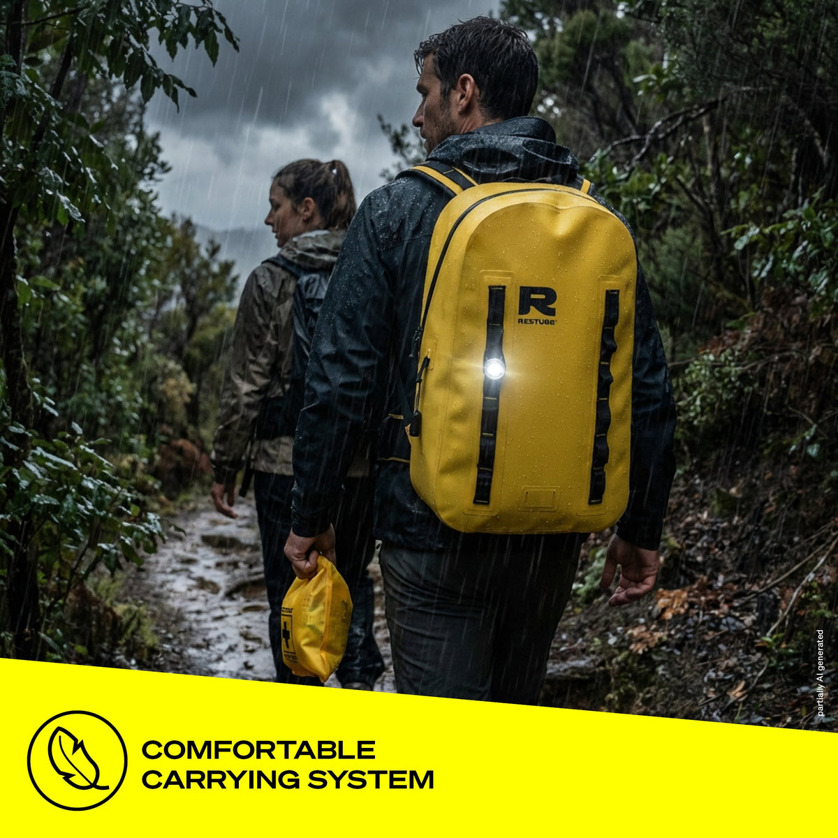 Two hikers in rain wearing RESTUBE OCEAN 28L yellow backpack with LED light showing comfortable carrying system Philippines
