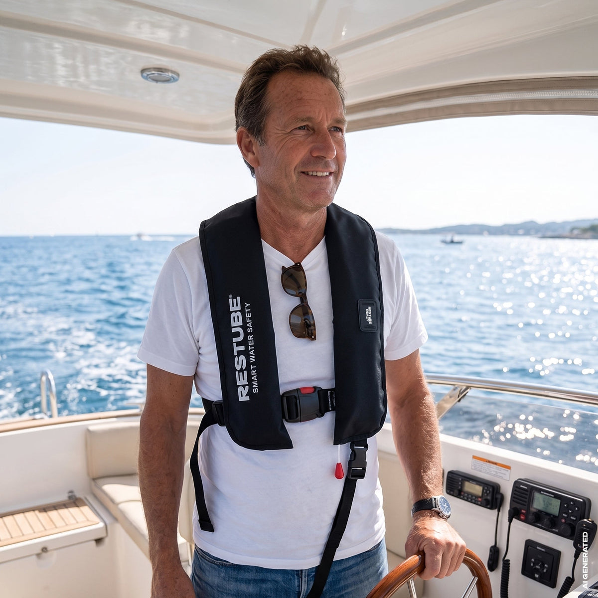 Man on a boat wearing RESTUBE Lifejacket BOAT smiling at camera automatic inflatable life jacket Philippines