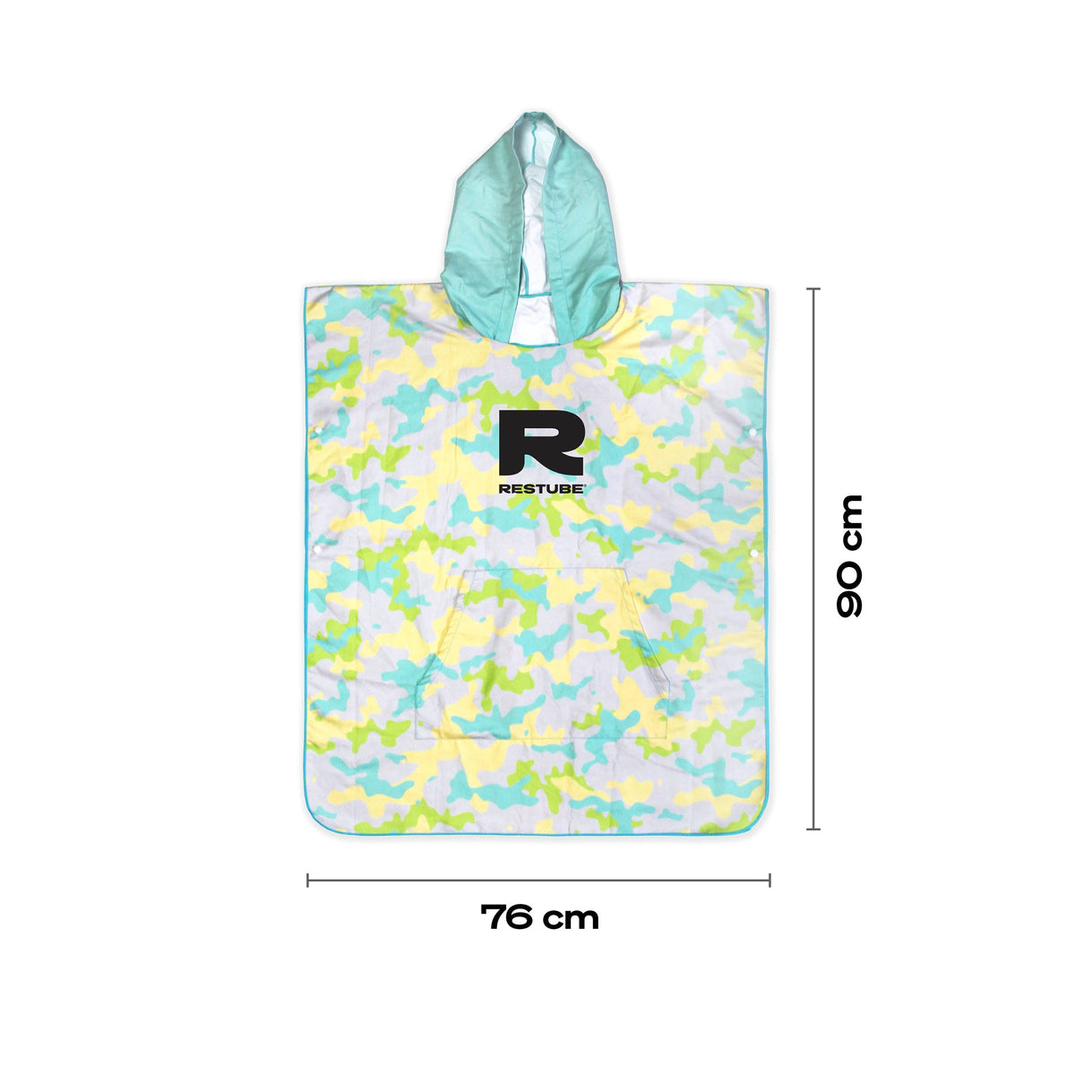 RESTUBE PONCHO KIDS dimensions diagram - 76cm wide 90cm long camo kids surf poncho